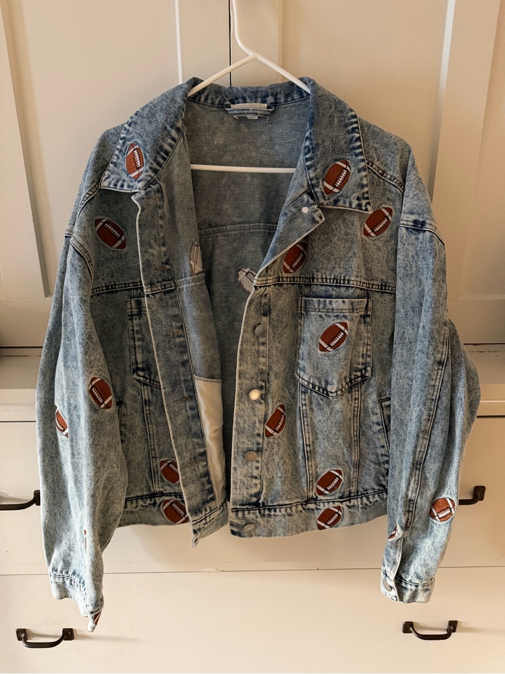 Light Wash Denim Shirt Jacket with Football Patch Accents